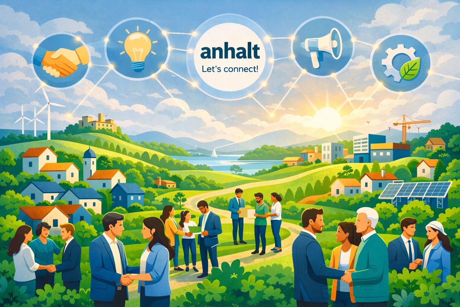 Farbenfrohe, moderne Illustration einer vernetzten Region: Menschen kommen ins Gespräch, reichen sich die Hand und tauschen Ideen aus. Zwischen Natur, Orten, Energie, Wirtschaft und Infrastruktur entsteht ein freundliches Zukunftsbild für Anhalt, in dem Zusammenarbeit, Partnerschaft und gemeinsame Entwicklung sichtbar miteinander verbunden sind.